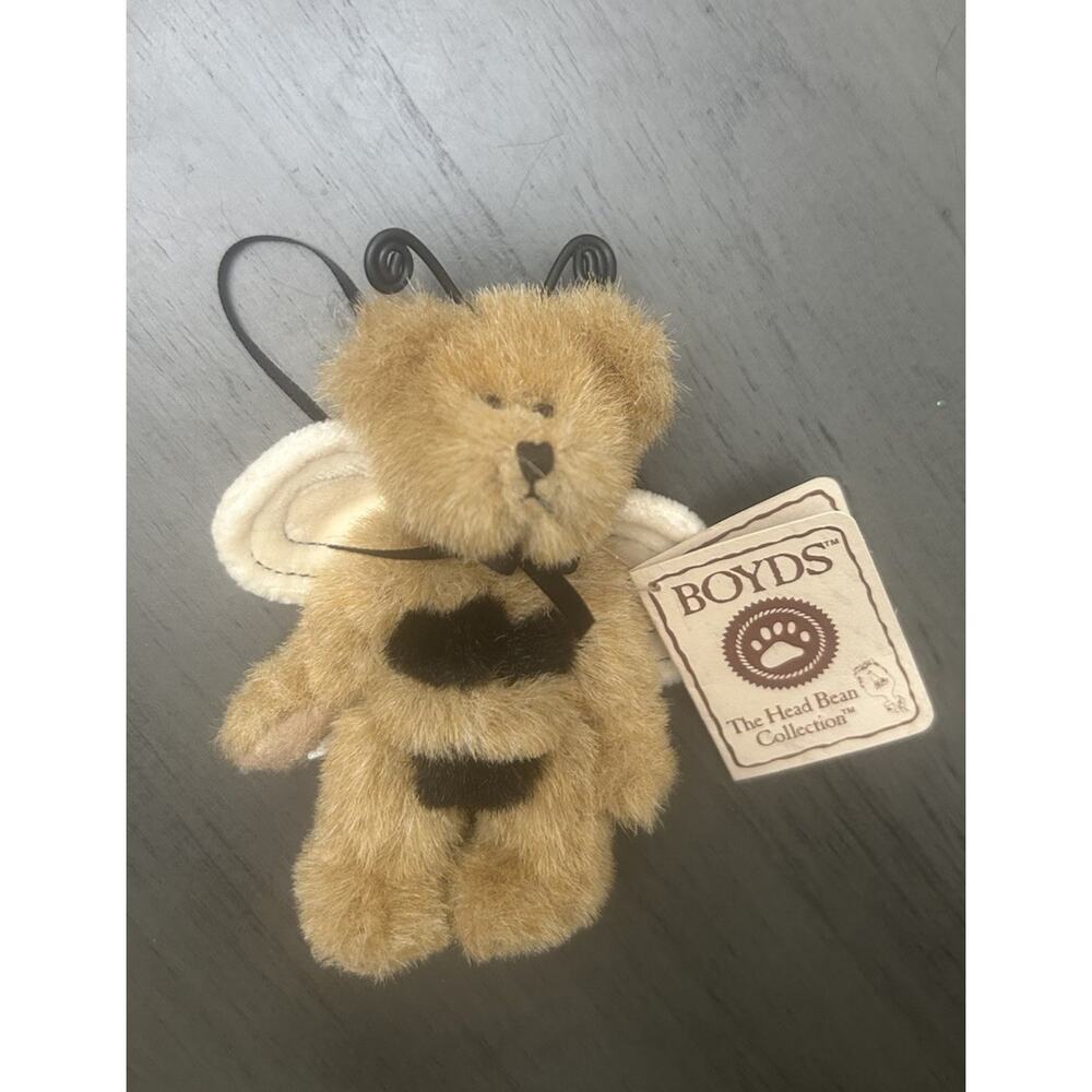 Boyds Bear Bumble Bee Bizz Heirloom Head Bean Plush Mini Brown Bear 5" Ornament